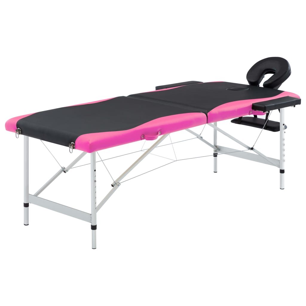 Masă pliabilă de masaj, 2 zone, aluminiu, negru și roz